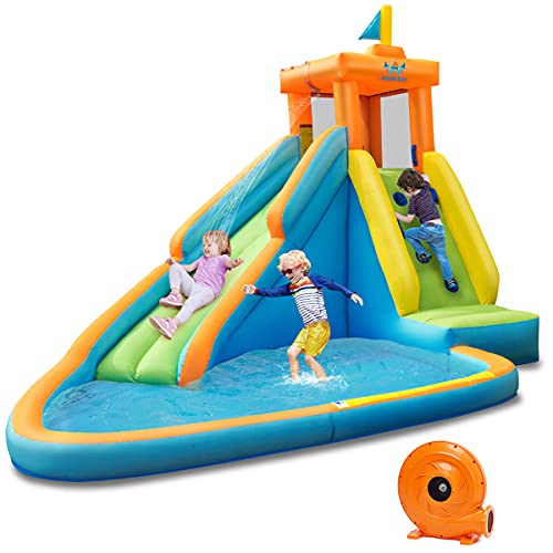 RELAX4LIFE Gioco Gonfiabile, 400 x 300 x 265CM, per Bambini con Compressore e Borsa di Trasporto, Piscina con Scivolo e Salita da Arrampicata, Centro di Gioco Gonfiabile da Esterno