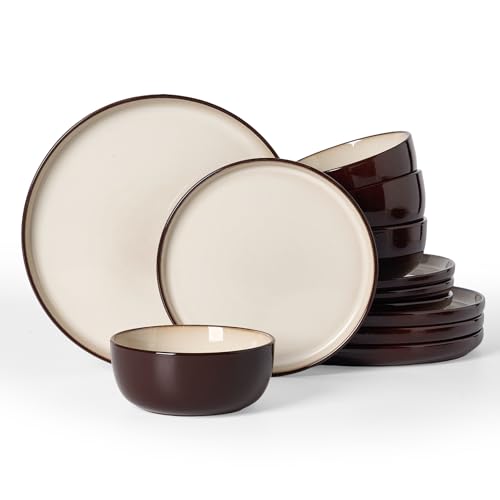 Image of Famiware Milkyway Stoneware Dinnerware Set, 12-Piece, Double Reactive Glaze, Plates and Bowls, Service for 4, Microwave and Dishwasher Safe, Scratch-Resistant, Light khaki & Cocoa