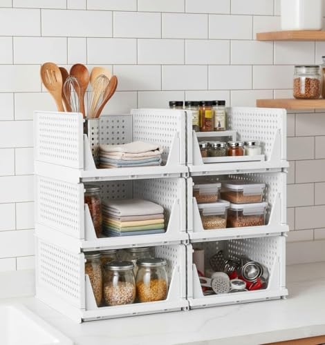 Image of RECLUSE Stackable Plastic Storage Basket, Closet Organizers and Storage Bins, 6 Pack Foldable Clothes Drawer Storage Container for Wardrobe Cupboard Kitchen Bathroom Bedroom Office