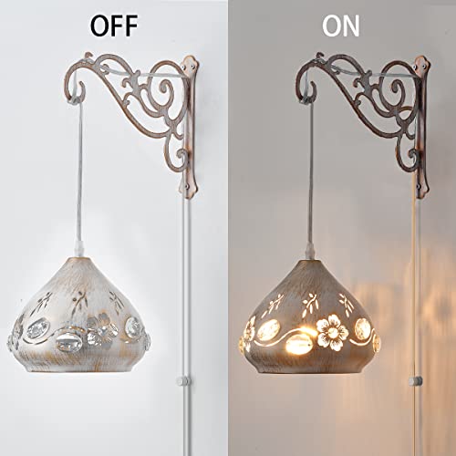 Image of Boho White Hanging Lights Plug in Wall Sconces Set of Two,Rustic Farmhouse Dimmable Wall Lamps Plug in Wall Mounted Lights for Bedside Bedrooms Living Room
