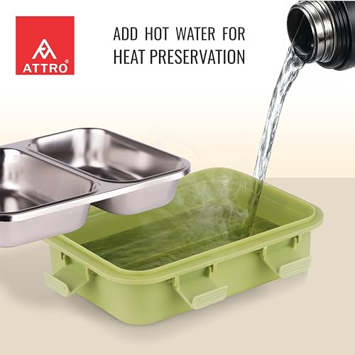 Image of ATTRO Duo Meal Stainless Steel Lunch Box with 2 Partition, Microwave Safe, Airtight Leakproof Silicone Seal Lid, BPA-Free Food Grade Tiffin Box for Office School Kids - 650ml - Green