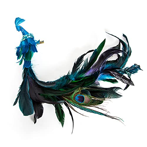 Artificial Peacock Birds With Clip - Natural Feathered Long Tail Christmas Tree Decorations, Blue Foam Birds for Crafts, Home, Wedding, Party, Christmas Ornaments