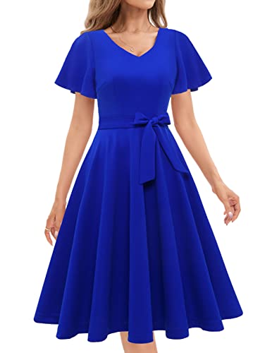 Gardenwed Kleider Vintage Cocktailkleid 50S Retro Schwingen Faltenrock konfirmationskleider Midilang festlich Sommerkleid Royal Blue M