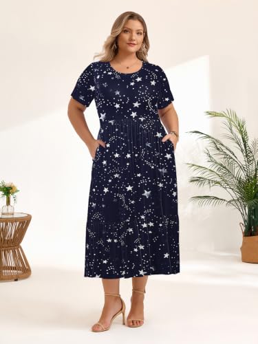 Image of LARACE Plus Size Dresses for Women Summer Maxi Casual Dress with Pockets | plus size summer dresses women, soft rayon, flowy maxi, short sleeve, pockets, flattering & covers belly, beach wear, L-6XL