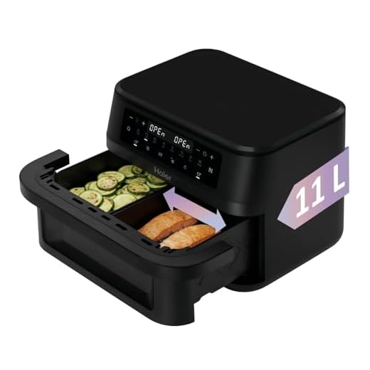 Haier Heißluftfritteuse Flex I 11 L Airfryer Dual mit herausnehmbarer Trennwand & Sichtfenster I 8-in-1: Frittieren, Grillen, Braten, Backen, Dörren, Auftauen I Antihaftbeschichtung, spülmaschinenfest