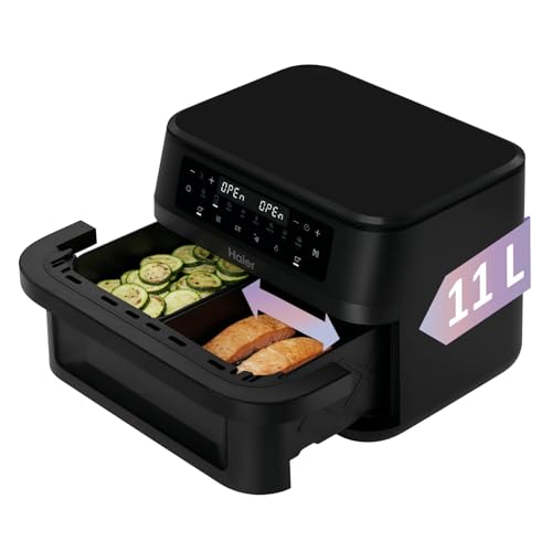 Haier Heißluftfritteuse Flex | 11 L Airfryer Dual mit herausnehmbarer Trennwand & Sichtfenster für 9 Portionen | 8 Funktionen | spülmaschinenfest