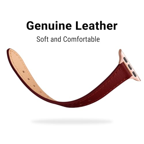Image of STIROLL Slim Leather Bands Compatible with Apple Watch Band 38mm 40mm 41mm 42mm 44mm 45mm 49mm,Top Grain Leather Watch Thin Wristband for iWatch Ultra SE Series 8 /7 /6 /5 /4 /3 /2(Wine Red with Rose Gold)