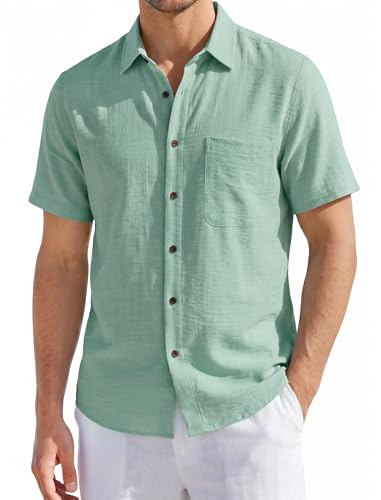 HISDERN Leinenhemd Herren Kurzarm Sommer Freizeithemd Baumwolle Mischung Regular Fit Strand Hemd mit Brusttasche Leinen Shirt Hellgrün XL