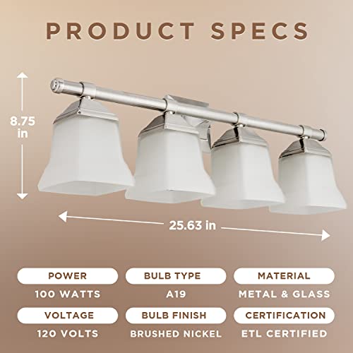 Image of Diodesy- 25-Inch Bathroom Vanity Square Bell Sconce 4-Light Fixture 100W Max E26 Medium Base Sockets Use A19 Bulb(Not Included) Brushed Nickel & Frosted Glass Shade ETL Listed- For Living Room Bedroom