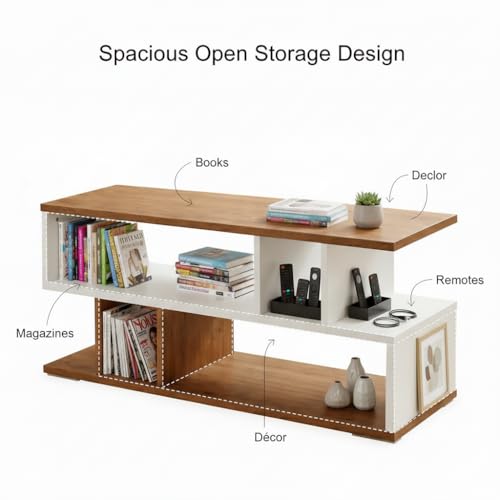 Image of FURLAY Zentro Modern Coffee Table & TV Stand for Living Room, Mid Century Wood Entertainment Center with Open Storage Shelves, Minimalist Media Console Table for Home - 90 x 40cm (FWCT2-Multi Color)