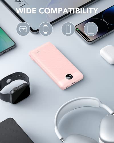 VRURC-Portable-Charger-Built-in-Cables-and-AC-Wall-Plug-USB-C-Power-Bank-10000mAh-2023-Upgraded-Version-Phone-Charger-Compact-Lightweight-External-Battery-Pack-for-Smart-Phones-Tablets-etc-Pink