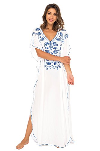 Back From Bali Womens Long Swimsuit Bathing Suit Cover Up Maxi Beach Dress Boho Embroidered Summer Dress Caftan White