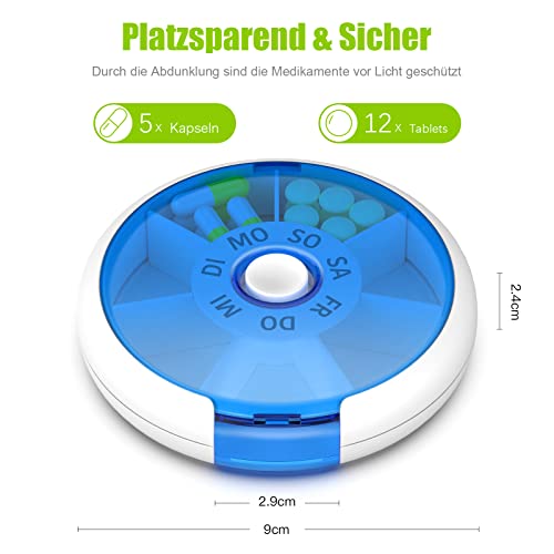 Jaduoher Tablettenbox 7 dagen rond pillendoosje medicijnbox kleine tablettendispenser tabletten weekbox 1 vak - blauw - Afbeelding 3