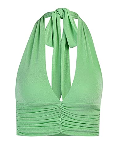 Lyaner Women's Deep V Neck Halter Crop Top Tie Back Sleeveless Backless Cami Green Medium #TOP3