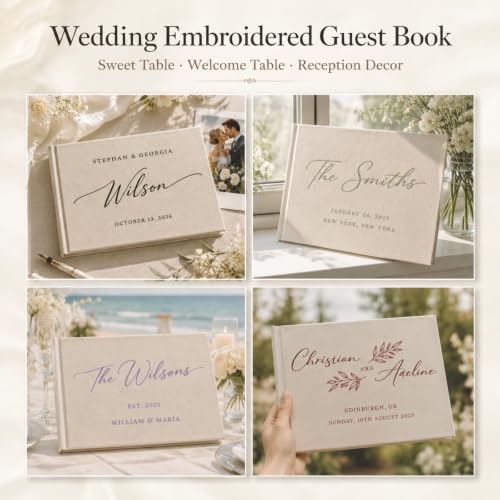Image of Custom Embroidered Wedding Guest Book, Personalized Linen Hardcover | Guest Sign In Book with Custom Name Embroidery, Wedding Album Keepsake for Reception, Engagement and Bridal Shower
