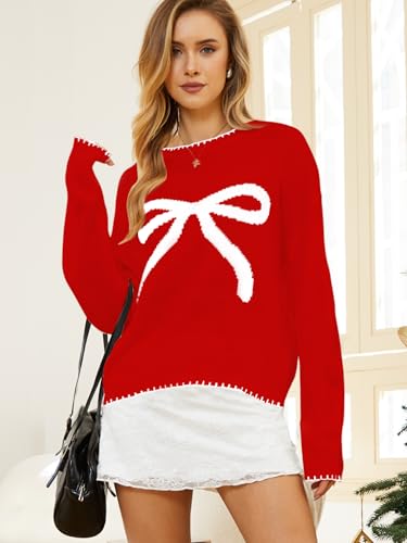 Image of Milumia Women's Bow Print Drop Shoulder Long Sleeve Sweater Crew Neck Knit Fall Tops