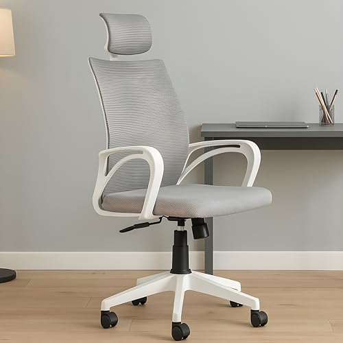 Image of MRC Boom Mesh Ergonomic Desk Office Chair with 3 Years Warranty & DIY Assembly,Tilting Mechanism, Comfortable Seat and Revolving Nylon Base Ideal for Work from Home & Study (Grey & White, High Back)
