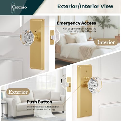 Image of Antique Crystal Privacy Door Knobs Interior with Lock, Brushed Gold
