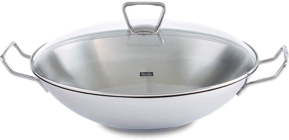 Fissler Kunming Padella wok in acciaio inox 36 cm, grande padella wok senza rivestimento, padella di ispirazione asiatica con coperchio in vetro, incluso inserto vaporiera, anche a induzione