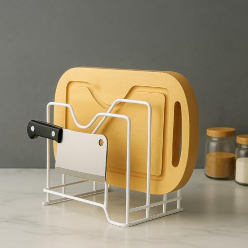 Image of Pan & Pot Lid Organizer Rack - Multifunctional Cookware for Cabinet, Pantry Chopping Board Holder, Space-Saving Kitchen Organizer, Black (L-9 x W-7 x H-9 in (PAN RACK WHITE)