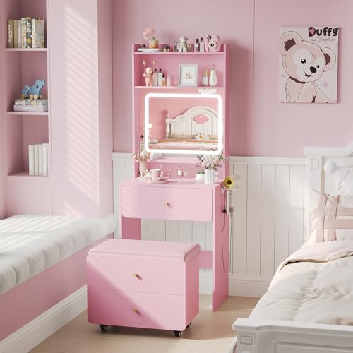 Vabches Small Vanity Desk Set with 3 Adjustable Lighted Mirror and Storage Chair, Vanity Set with Charger Station, Small Spaces Vanity Table for Bedroom，Pink