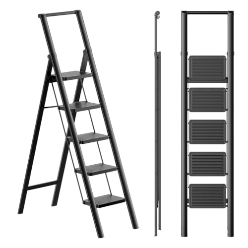 Image of SOLADDER 5 Step Ladder, Folding Step Stool, Lightweight Stepladder, Black | Reach 10ft;Anti-Slip 7.9'' Wide Pedal;Portable Handrail;Space-Saving;For Kitchen, Home, Library, Office Use;300lbs Capacity