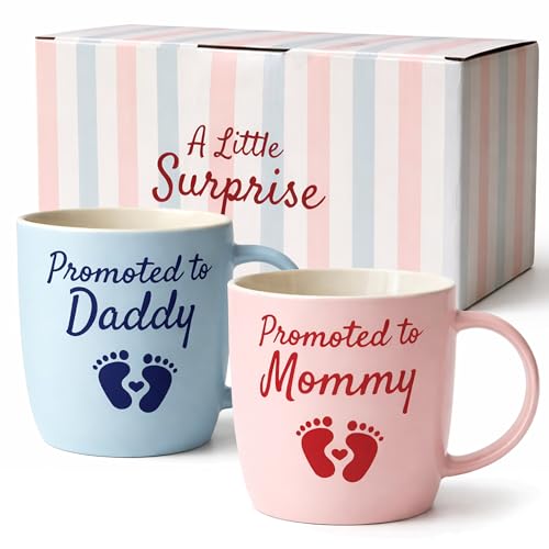 Triple Gifffted Promoted to Mommy and Daddy Coffee Mugs Set Pregnancy Announcement Gifts for New Parents Baby Reveal Baby Shower First Time Mom Dad Gift Christmas Day Surprise 13oz Ceramic