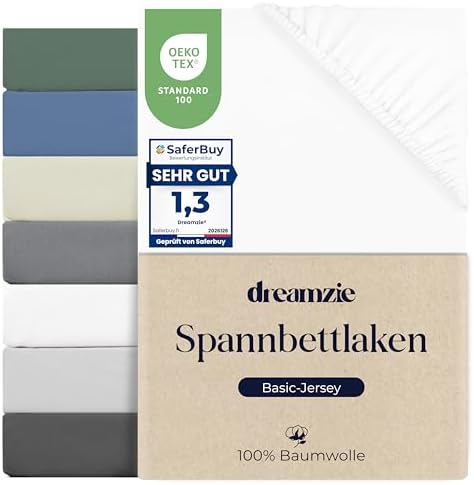 Dreamzie Spannbettlaken 140x200cm, Baumwolle, Elastisch, Oeko-Tex, Weiß | Atmungsaktive Baumwolle・Elastisch & Oeko-Tex・Günstiger Preis・12 Farben・Waschmaschinenfest