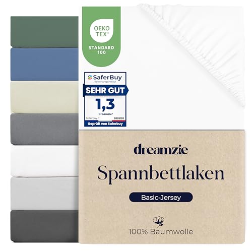 Dreamzie Spannbettlaken 180x200cm, 100% Baumwolle Jersey dehnbar, Spannbetttuch Bettlaken, Steghöhe 30 cm für Matratzen bis 27 cm, Oeko-Tex Zertifiziert, Hypoallergen, Weiß