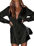 Blissshow Women's Satin Silk Shirt Dresses Button Down Long Sleeve Club Party Mini Short Dress with Belt Black