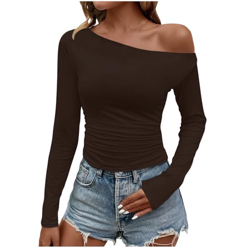 Womens Basic T-Shirts Going Out Tops Tight Slim Fit Cute One Shoulder Long Sleeve Y2k Clothes Fall Fashion Outfits Coffee