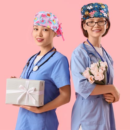 Image of 6 Pcs Scrub Caps for Women Doctor Nursing Hats with Buttons Adjustable Tie Back Working Cap Bouffant Scrub Hats for Women Men
