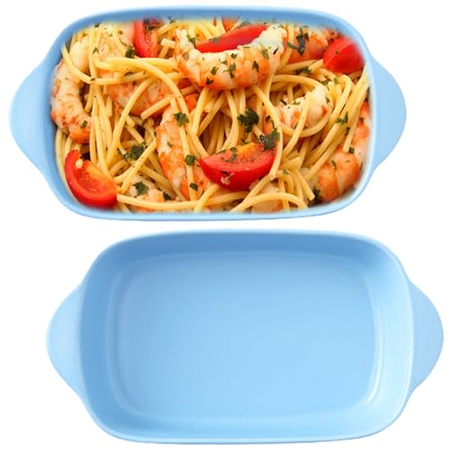 Juego de 2 fuentes de cerámica para horno de 23,5 x 13 x 4,5 cm, molde para lasaña, molde rectangular con asas de cerámica para lasaña, cazuela, pasta, pastel (azul)