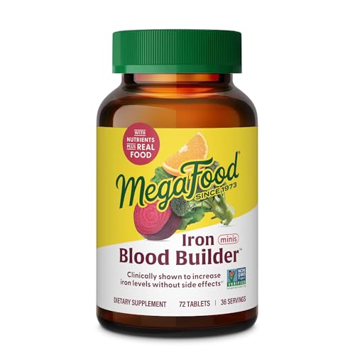 MegaFood Blood Builder Iron Supplement for Women & Men - Increase Iron Levels Without Side Effects - Combats Fatigue - Vitamin B12, Folic Acid & Vitamin C - Vegan - 72 Mini Tablets (36 Servings)