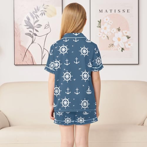 ALAZA Blue Nautical Anchor Pajamas Satin Pajama Set Short Sleeve Button Down Sleepwear4