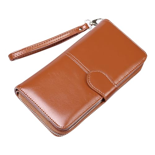 ccHuDE Long PU Leather Wallet Large Capacity Credit Card Holder Wristlet Purse Wallet Coins Zipper Pocket Brown