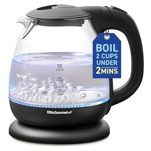 Elite Gourmet EKT1001 Electric 1.0L BPA-Free Glass Kettle Cordless 360° Base, Stylish Blue LED Interior, Handy Auto Shut-Off Function – Quickly Boil Water For Tea & More, Black