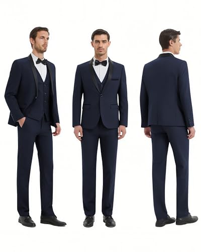 WEEN CHARM Men's Slim Fit 3 Piece Tuxedo Suit One Button Shawl Lapel Blazer Jacket Vest Pants Set2