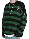 GORGLITTER Men's Striped Ripped Drop Shoulder Sweater Round Neck Long Sleeve Knit Tops Green and Black Large