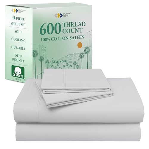 California Design Den Natural 100% Cotton Sheets Queen Size Set - Luxury 600 Thread Count Sateen Queen Sheets Deep Pocket, Fully Elasticized, Crisp, Cool & Durable Hotel Quality Bedding - Light Silver