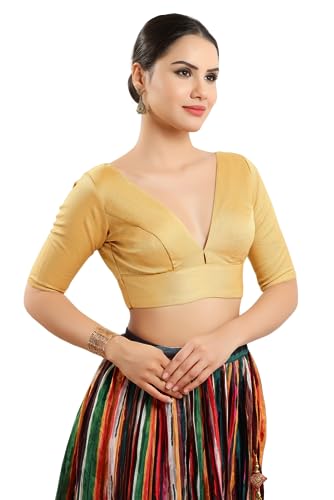 Image of Vamas Women's Silk Padded Self Design Half Sleeve Readymade Saree Blouse (X-1111.ELB)