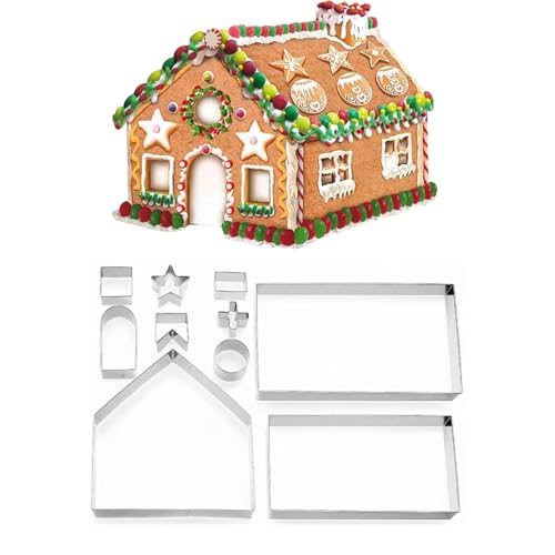 Christmas Cookie Cutter Set, Fondont Pastry Cookie Mold, 10 PCS Stainless Steel Biscuit Cutters for Making 3D Gingerbread House (Gingerbread House Set)