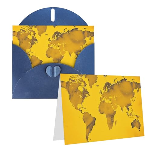 LHCVSFGW グリーティングカード イエローの世界地図 封筒付きブランクノートカード バースデーカード 6 x 4インチ 半折りウェディングカード パール紙 ニューイヤーカード おもしろサンキューカード あらゆる機会に