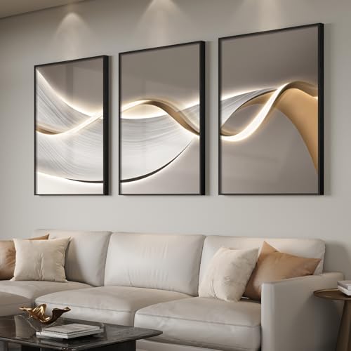 Large Framed Modern Luxury Abstract Wall Art for Living Room, 3 Piece Contemporary Elegant Bright Prints Paintings, Minimalist Grey Gold Line Pictures for Bedroom, Entryway, Office Wall Decor 24x36 In