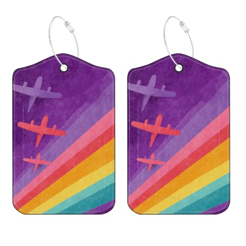 Image of Rainbow Airplane Luggage Tags 2 Pack, PU Leather Privacy Flap