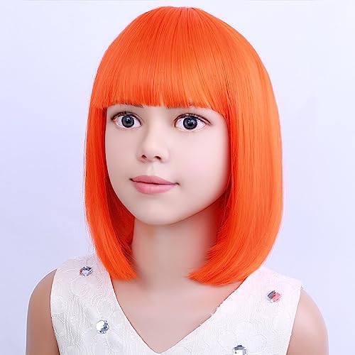 Image of PATTNIUM Kids Orange Wig Orange Bob Wig for Girls Colored Wigs Cosplay Party Synthetic Daily Wear Children Wigs