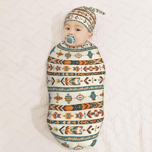 Image of Vintage Aztec Patter Newborn Swaddle Blankets Hat Sets Soft Baby Receiving Blanket Swaddle Sack for Baby Shower Infant Boy Girl Gift