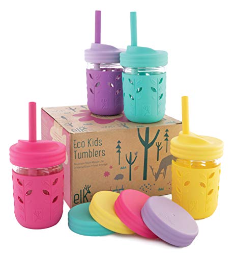 Elk and Friends Kids Cups/Toddler cups with Silicone Straws - Glass Mason Jars 8 oz with Straws + Straw Lids + Leak Proof Regular Lids - Spill Proof cups for kids, Sippy Cups for Toddlers Product Name