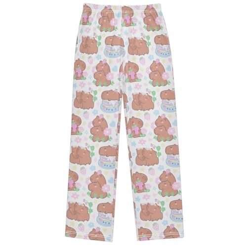 Boy's Pants Capybara Strawberry Pink Flower Jogger Pants Elastic Waist Long Bottoms Trousers with Pockets 6-14 Years
