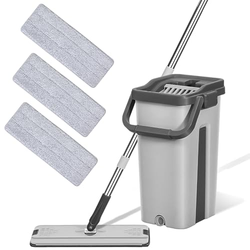 Kezidhp Juego de Mopa con Cubo 2 en 1, Mopa Plana de Microfibra con 3 Recambios, Mopa Autolavable y Manos Libres para Baldosas, Laminado, Suelos de Madera y Mármol, Ideal para la Limpieza de Pisos